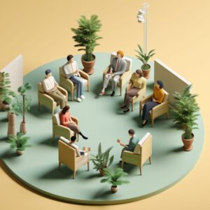Illustrated graphic of people seated in a circle talking to each other.