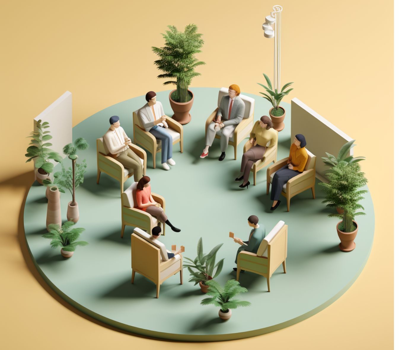 Illustrated graphic of people seated in a circle talking to each other.